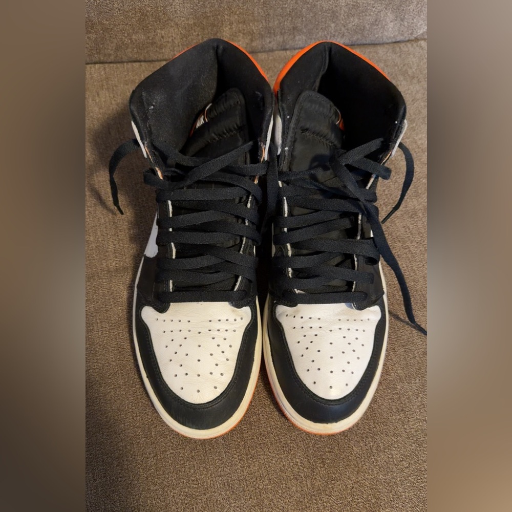 Nike Black, White and Orange High-Top Jordan 1 Sneakers Size 11